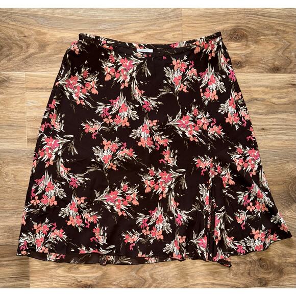 Ann Taylor LOFT 100% Silk Brown Floral Aline Knee Length - size 14 - OA - Picture 1 of 8